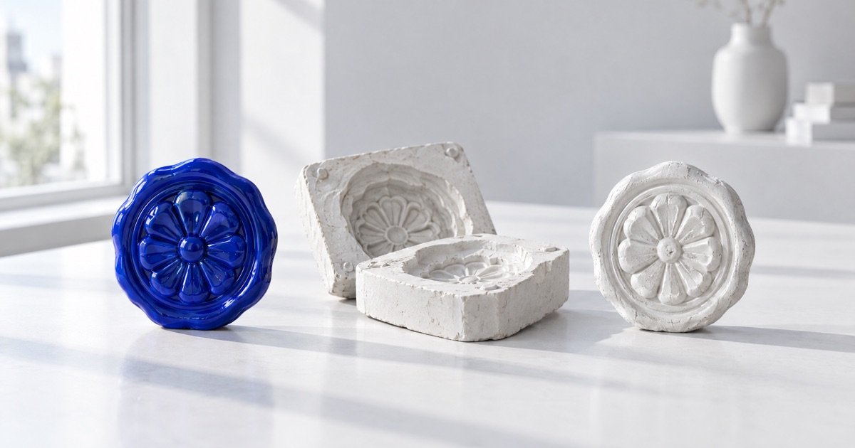 Medalhão azul original ao lado de uma cópia em gesso branco e do molde aberto, representando a cópia de uma marca