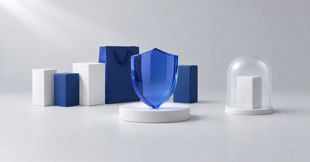 Escudo de vidro azul diante de caixas de produtos, com uma caixa separada sob uma redoma de vidro, como um anúncio pausado