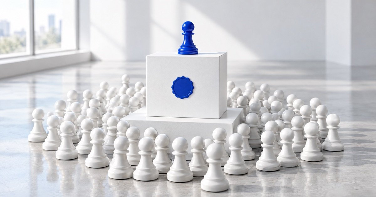 Caixa branca com selo azul sobre um pedestal, cercada por muitos peões brancos iguais, com um peão azul no topo