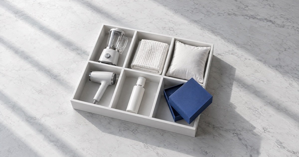 Organizador com produtos em compartimentos separados e uma caixa azul fora do lugar, representando um pedido na classe errada