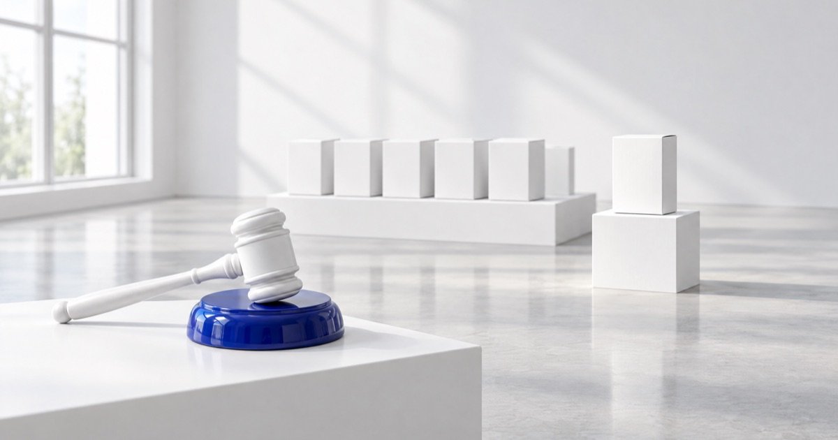 Martelo de juiz branco sobre uma base azul cobalto, diante de uma fileira de caixas de produto brancas, com uma caixa separada num pedestal