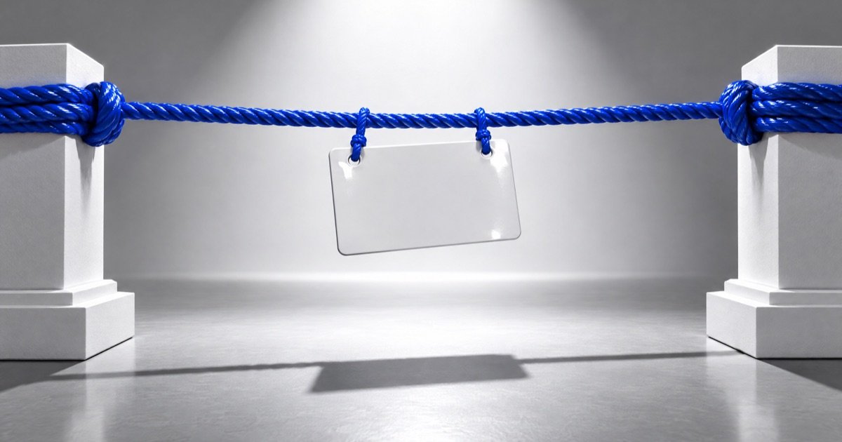 Corda azul cobalto esticada num cabo de guerra entre dois pedestais brancos, com uma placa de nome em branco pendurada no meio