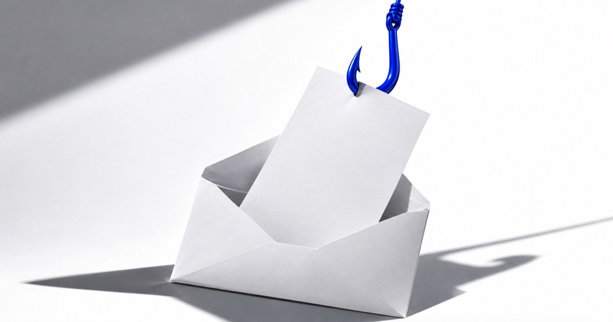 Anzol azul cobalto puxando uma guia de pagamento em branco de dentro de um envelope branco aberto, sob luz forte