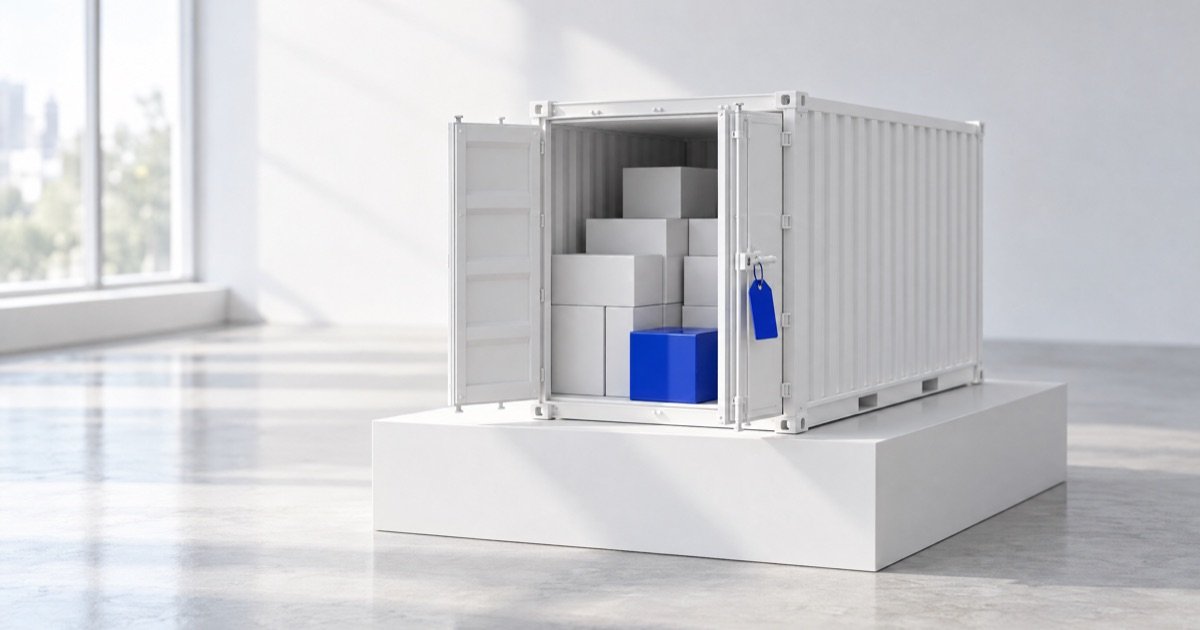 Contêiner branco em miniatura com as portas abertas, caixas brancas dentro, uma caixa azul na frente e uma etiqueta azul na porta