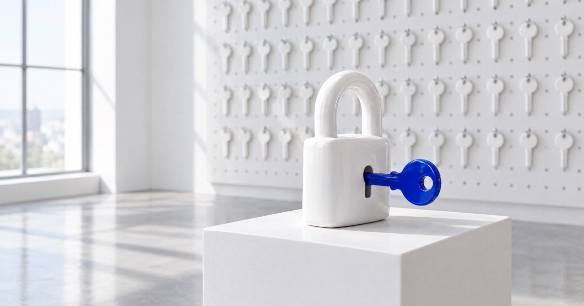 Cadeado branco com uma única chave azul encaixada, à frente de um painel com várias chaves brancas iguais