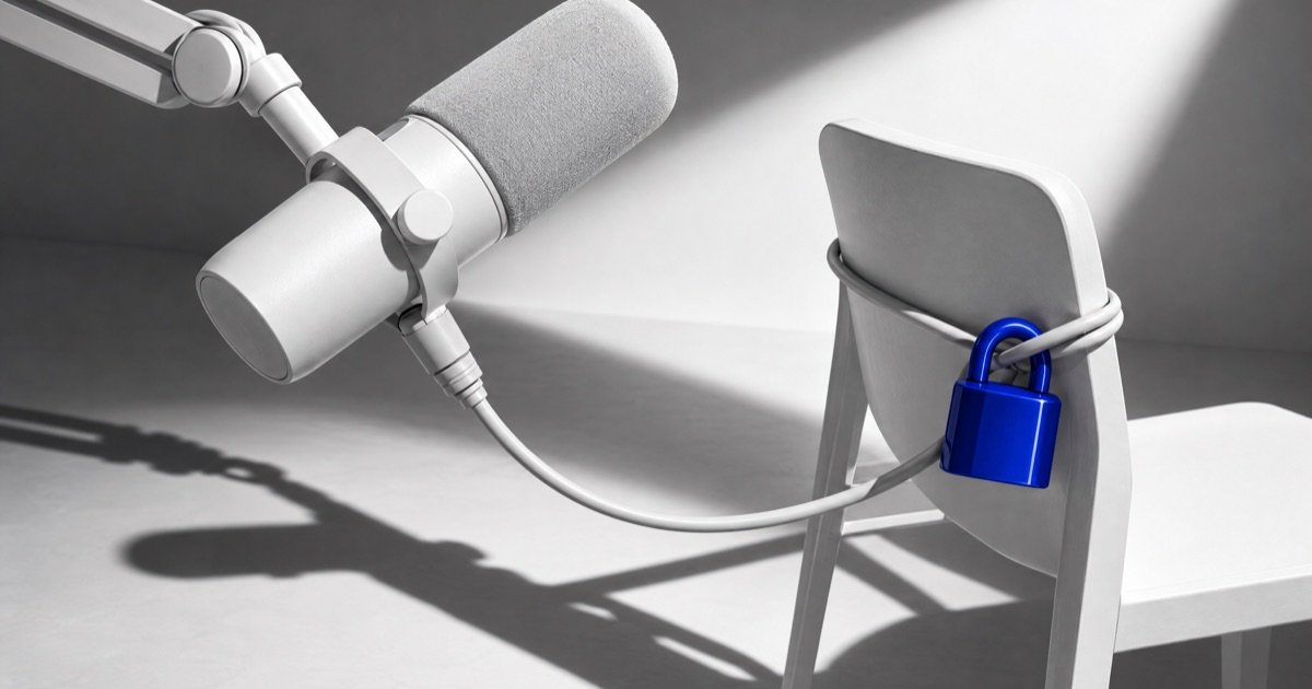 Microfone de podcast branco num braço articulado, com o cabo preso por um cadeado azul cobalto a uma cadeira branca, sob um holofote