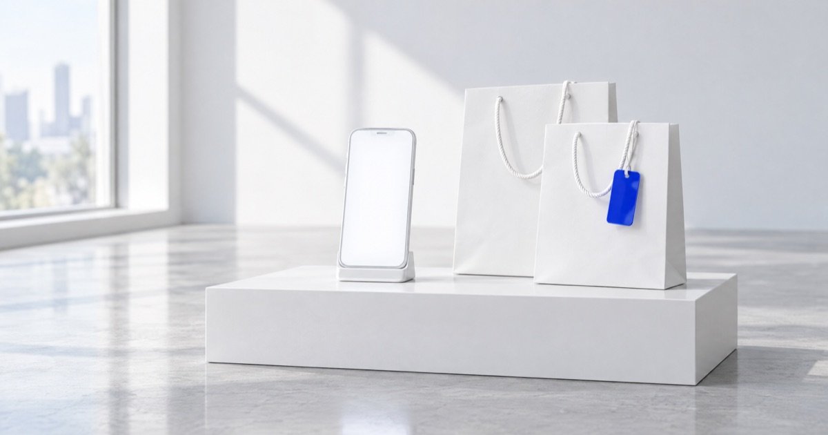 Celular branco com a tela acesa ao lado de duas sacolas brancas, uma delas com uma etiqueta azul