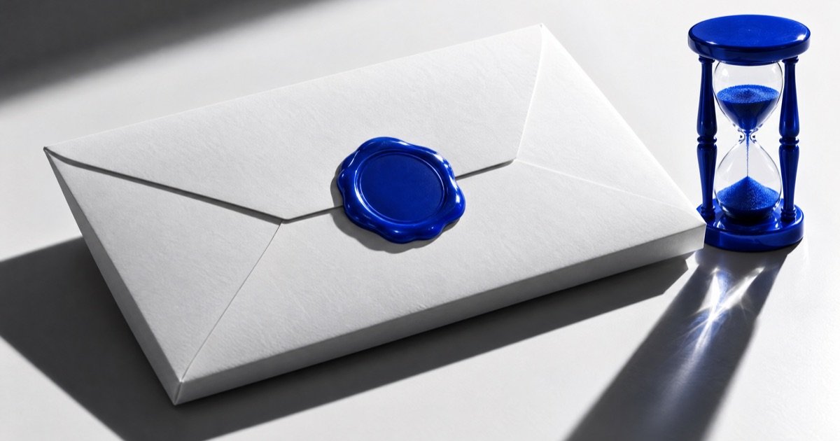 Envelope branco lacrado com um selo de cera azul cobalto, ao lado de uma ampulheta azul, sob luz forte e sombras duras