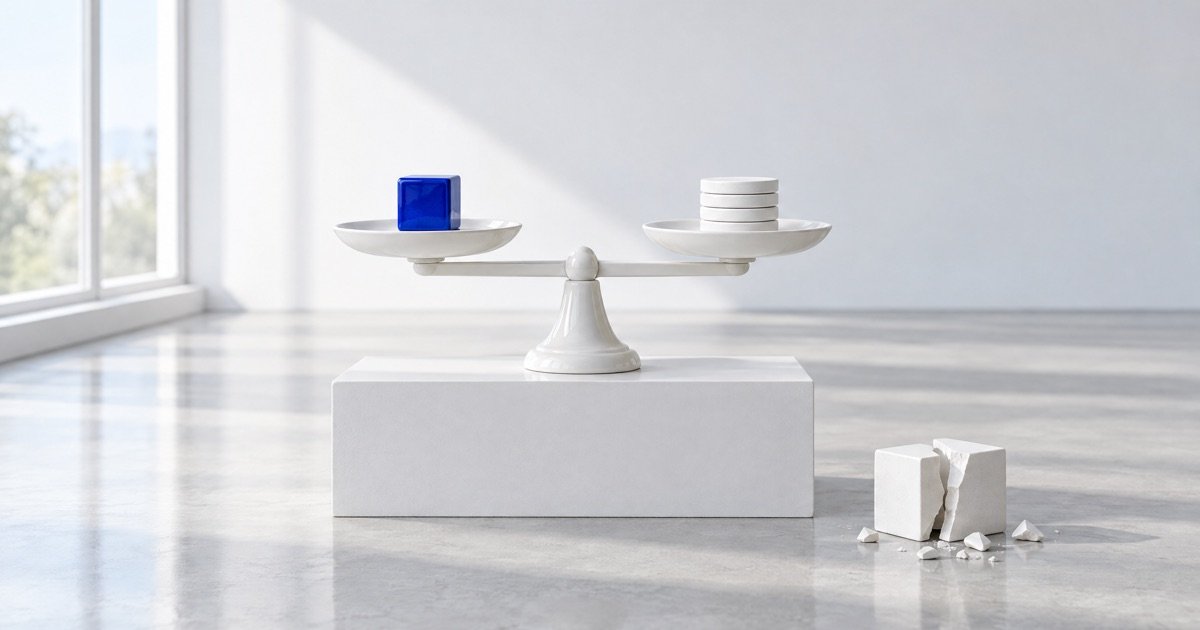 Balança branca equilibrada com um cubo azul de um lado e discos brancos do outro, ao lado de um cubo branco partido no chão