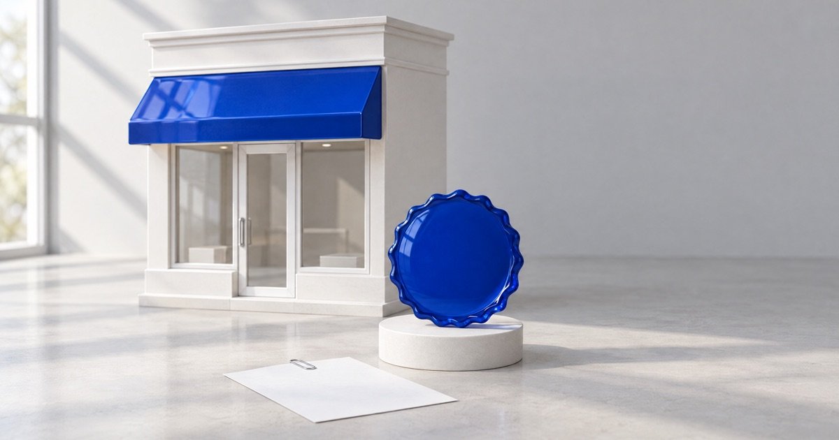 Maquete de loja branca com toldo azul, um selo azul em pedestal ao lado e, no chão, uma folha com clipe representando o protocolo do pedido